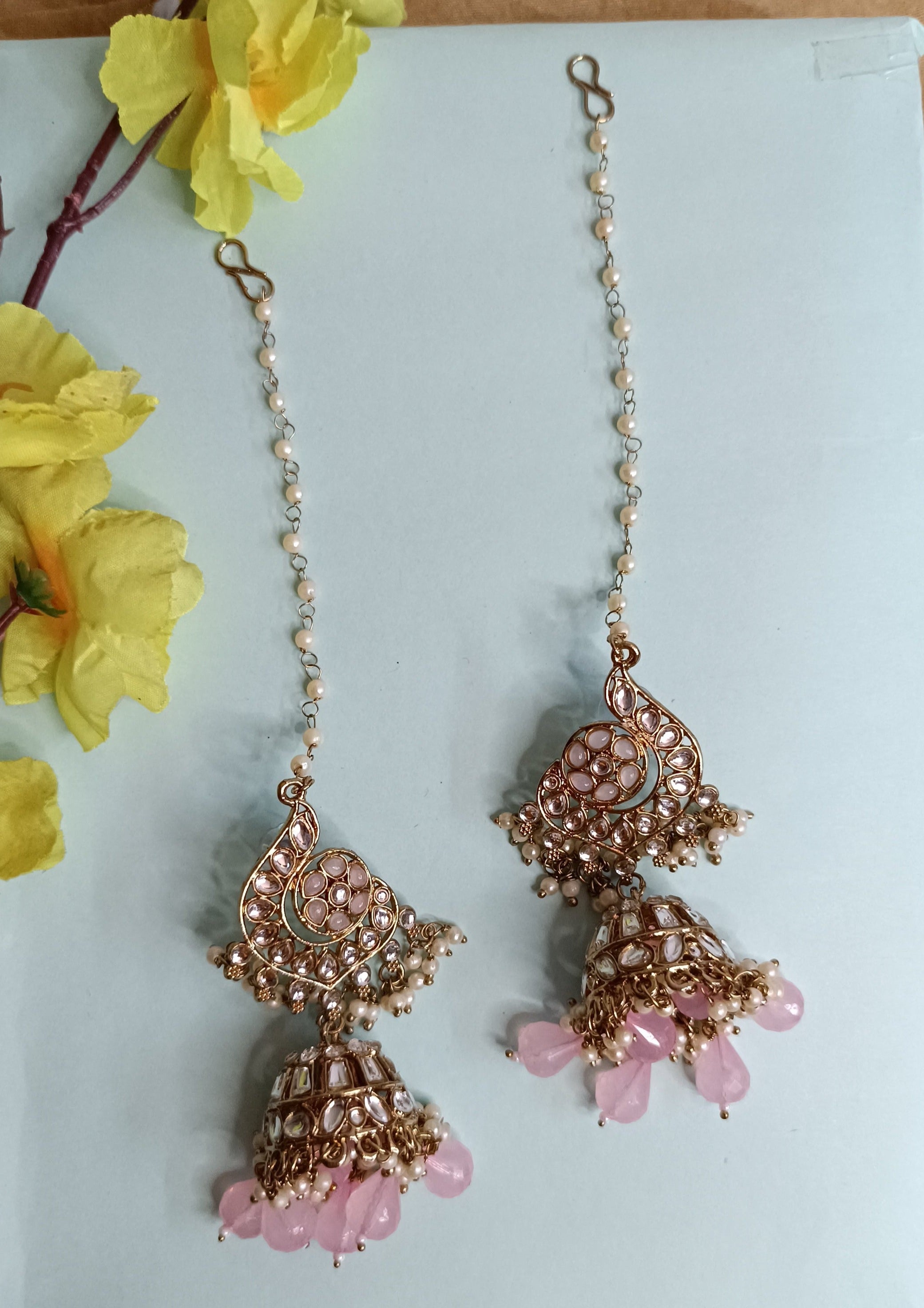 Golden Light Pink Stone Embellished American Diamond Earrings |  B136-AS23-133 | Cilory.com